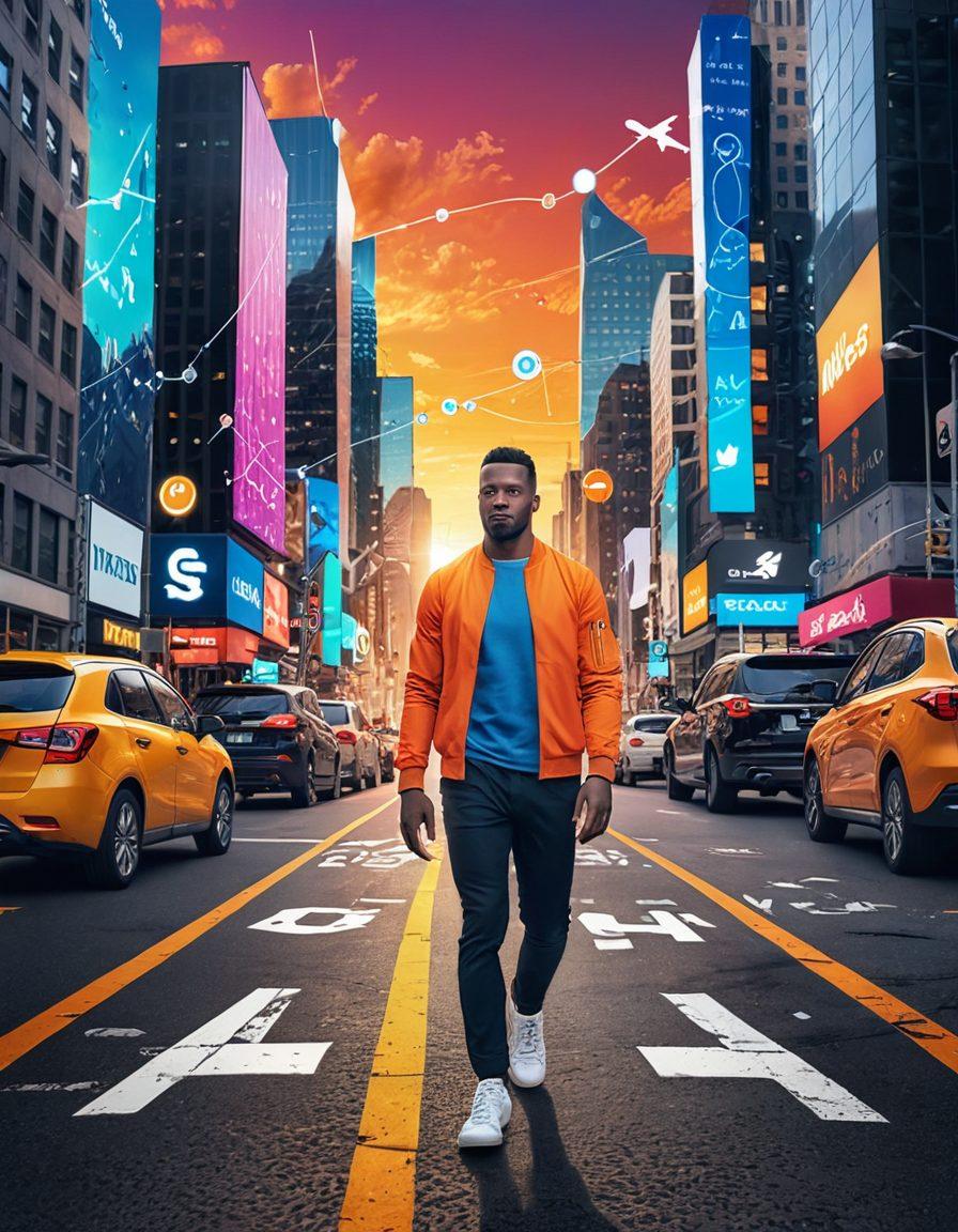 A dynamic cityscape blending various digital marketing elements like SEO analytics graphs and viral trends icons, with a person confidently navigating through a bustling street of social media symbols and websites. Include a bright, aspirational sunset to symbolize success, with futuristic technology elements subtly integrated. super-realistic. vibrant colors. 3D.