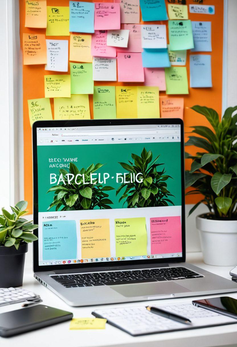 A bright, modern workspace featuring a laptop opened to a blog editor page, surrounded by colorful sticky notes with tips and ideas. A plant and a coffee cup add a cozy feel. In the background, a digital marketing strategy mind map can be seen on a whiteboard. The scene conveys inspiration and creativity, suggesting success in blogging. super-realistic. vibrant colors. white background.