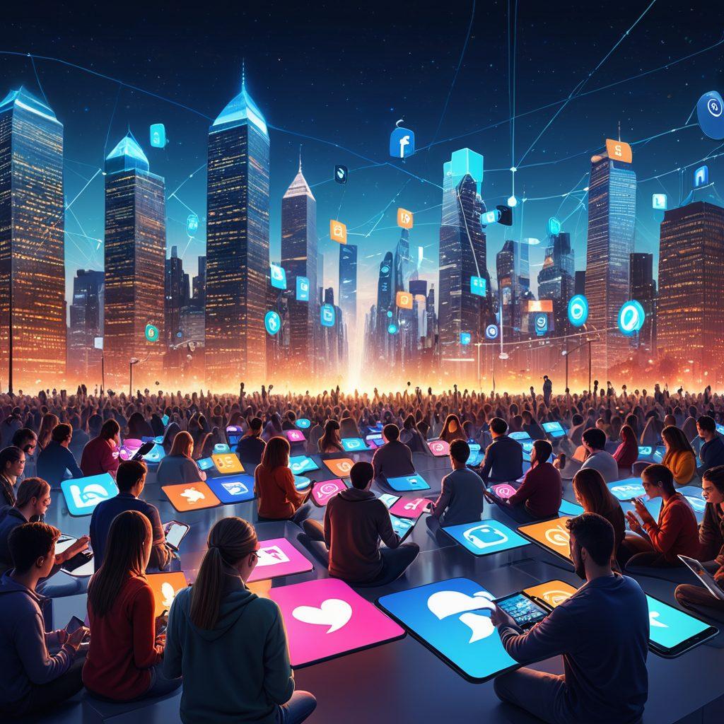 A dynamic illustration of a diverse group of people engaging with various digital devices, surrounded by vibrant social media icons and branding elements like logos and hashtags. The backdrop features a modern urban landscape representing the online world, emphasizing connection and interaction. The scene captures the essence of engagement and strategy in a visually appealing way. super-realistic. vibrant colors. 3D.